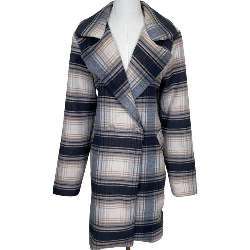 Hollister Plaid Overcoat Women M Blue Tan White Double Breasted Jacket Preppy